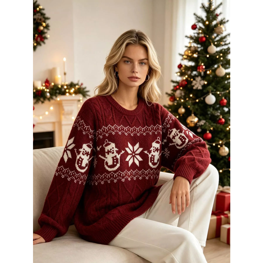 Christmas Snowman Pattern Cable Knit Sweater Apparel and Accessories