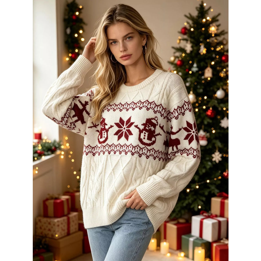 Christmas Snowman Pattern Cable Knit Sweater Apparel and Accessories