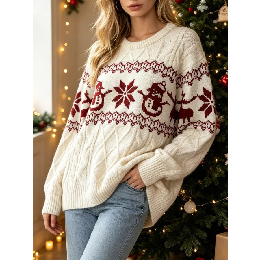 Christmas Snowman Pattern Cable Knit Sweater Apparel and Accessories
