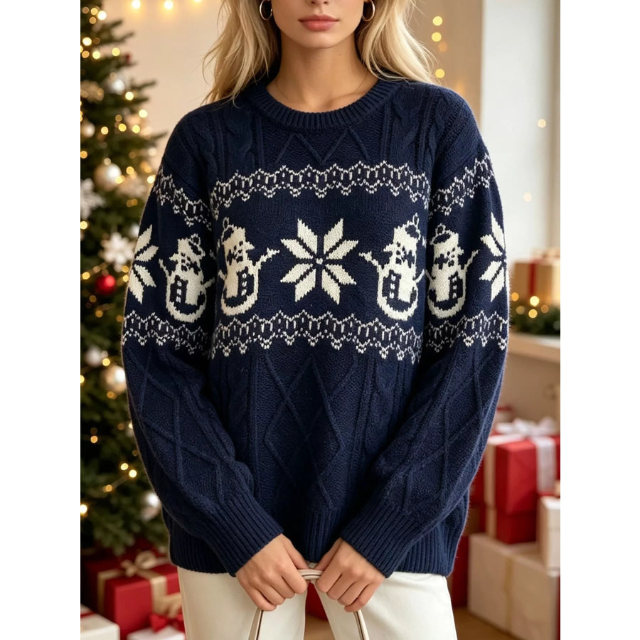 Christmas Snowman Pattern Cable Knit Sweater Navy Blue / One Size Apparel and Accessories