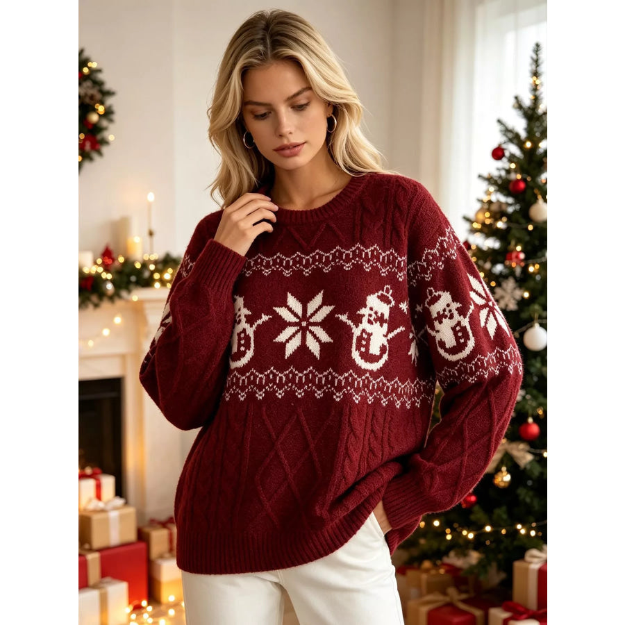 Christmas Snowman Pattern Cable Knit Sweater Red / One Size Apparel and Accessories