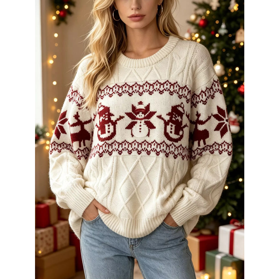 Christmas Snowman Pattern Cable Knit Sweater White / One Size Apparel and Accessories
