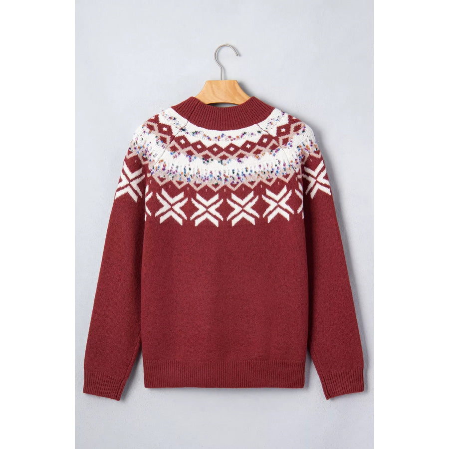 Christmas Theme Geometric Pattern Knit Round Neck Shift Sweater Apparel and Accessories