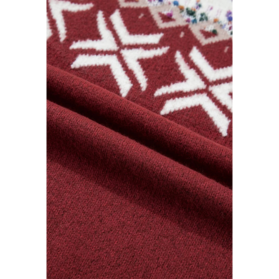 Christmas Theme Geometric Pattern Knit Round Neck Shift Sweater Apparel and Accessories