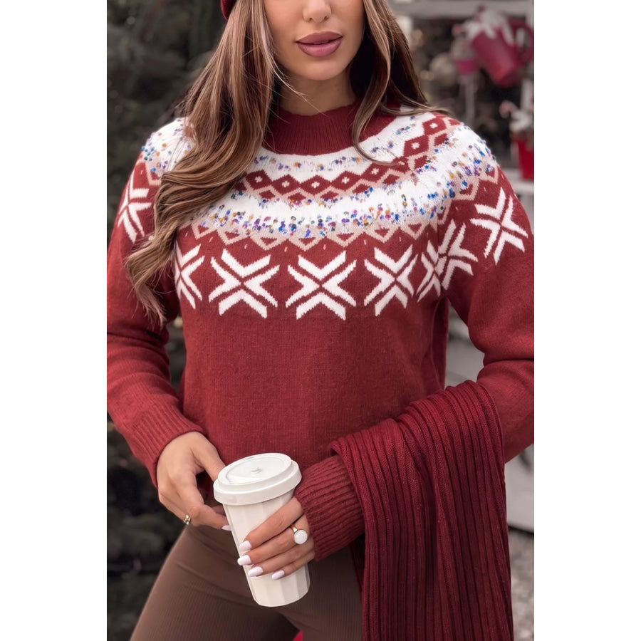 Christmas Theme Geometric Pattern Knit Round Neck Shift Sweater Apparel and Accessories