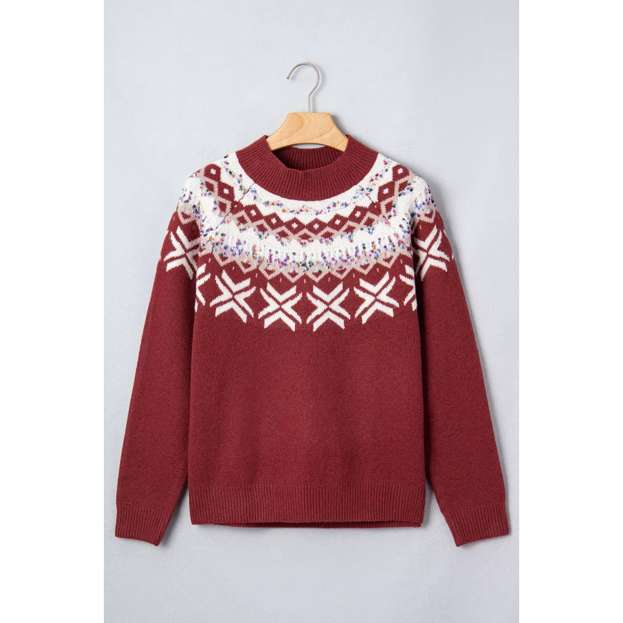 Christmas Theme Geometric Pattern Knit Round Neck Shift Sweater Apparel and Accessories