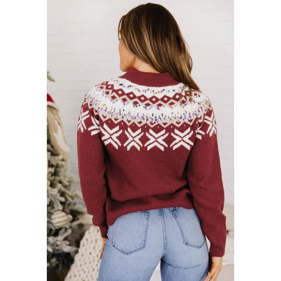 Christmas Theme Geometric Pattern Knit Round Neck Shift Sweater Apparel and Accessories