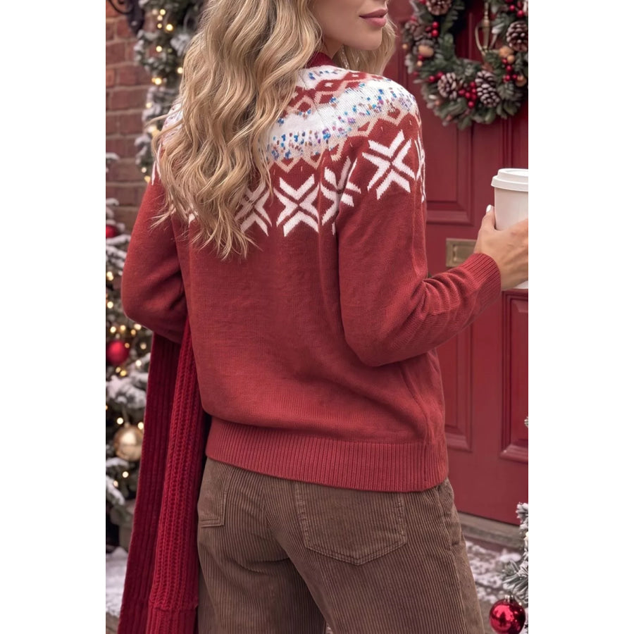 Christmas Theme Geometric Pattern Knit Round Neck Shift Sweater Burgundy / S Apparel and Accessories