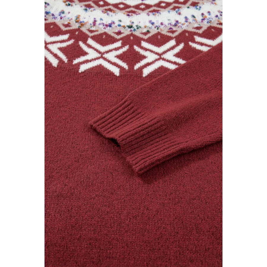 Christmas Theme Geometric Pattern Knit Round Neck Shift Sweater Apparel and Accessories