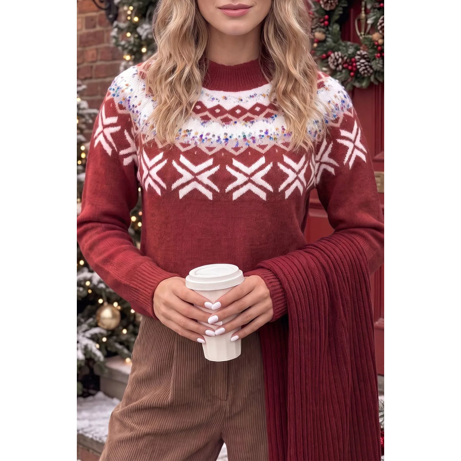 Christmas Theme Geometric Pattern Knit Round Neck Shift Sweater Burgundy / S Apparel and Accessories