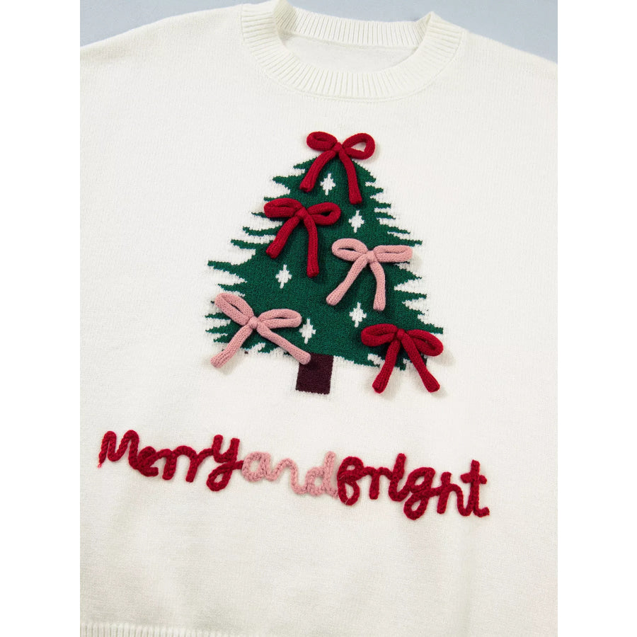 Christmas Tree Bow Drop Shoulder Knit Sweater Apparel and Accessories