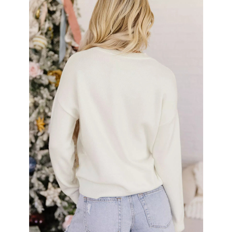 Christmas Tree Bow Drop Shoulder Knit Sweater White / S Apparel and Accessories