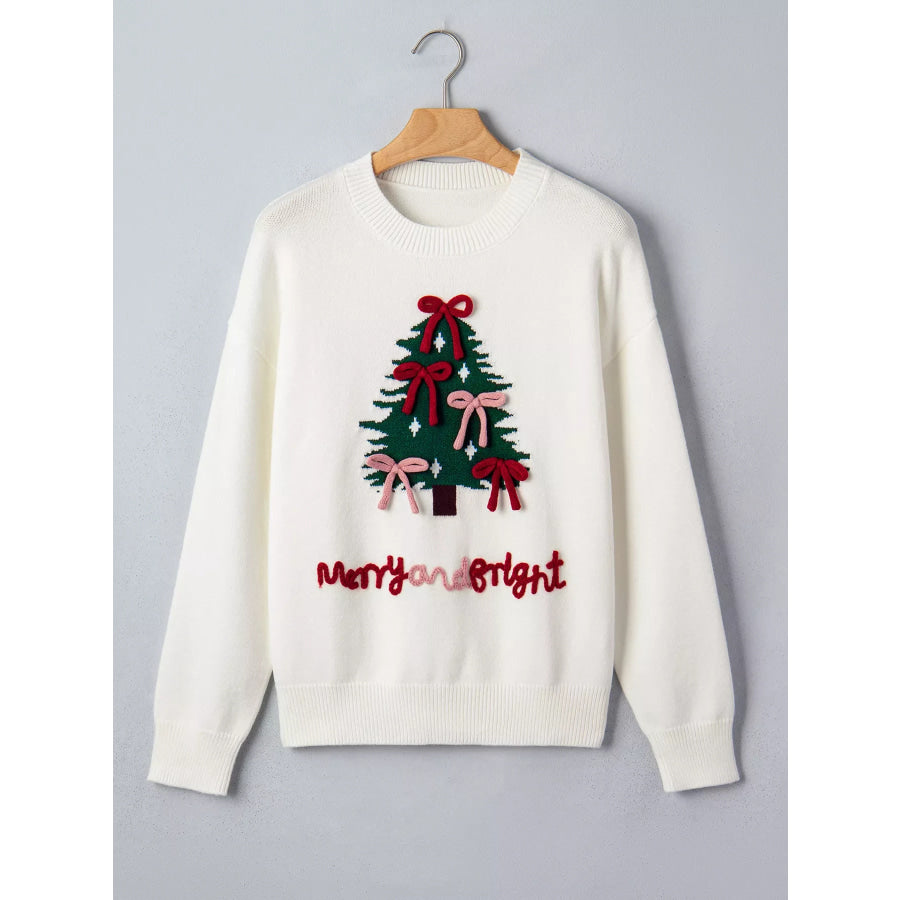 Christmas Tree Bow Drop Shoulder Knit Sweater Apparel and Accessories