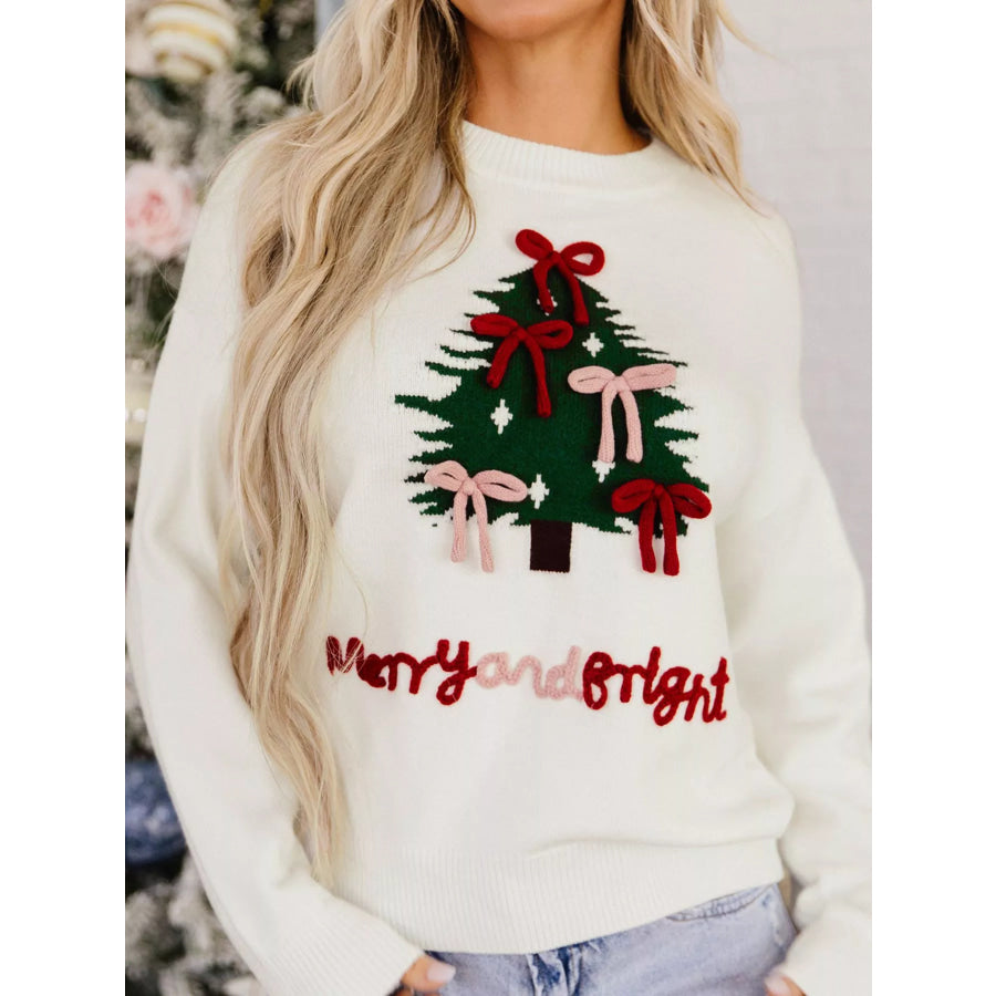 Christmas Tree Bow Drop Shoulder Knit Sweater Apparel and Accessories
