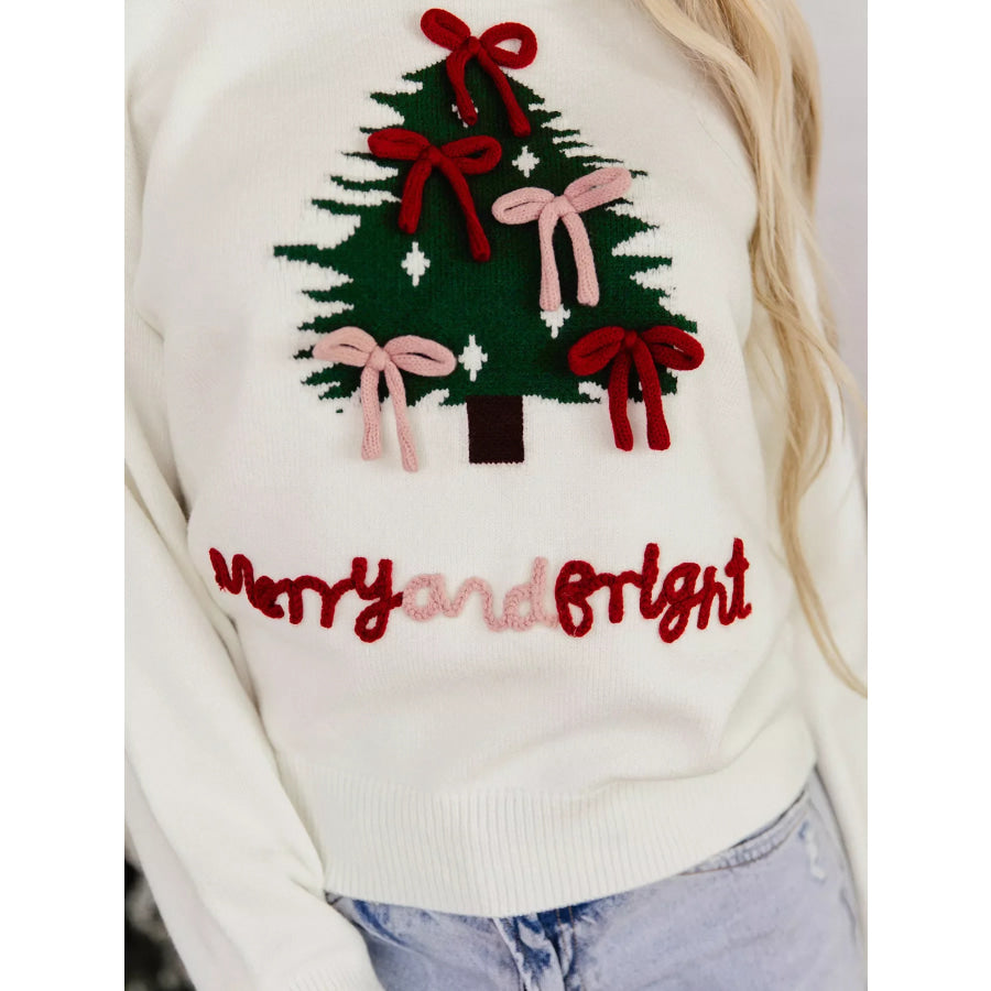Christmas Tree Bow Drop Shoulder Knit Sweater Apparel and Accessories