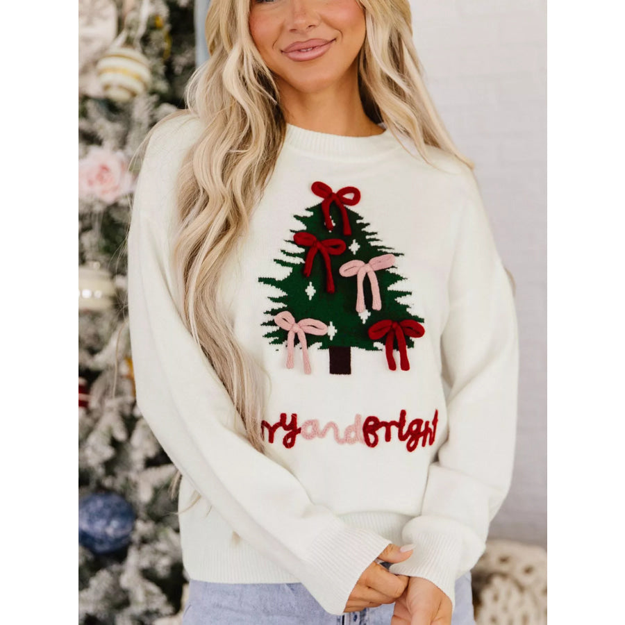 Christmas Tree Bow Drop Shoulder Knit Sweater White / S Apparel and Accessories