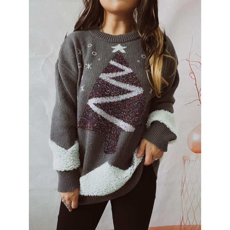 Christmas Tree Graphic Dropped Shoulder Sweater Heather Gray / S Clothing