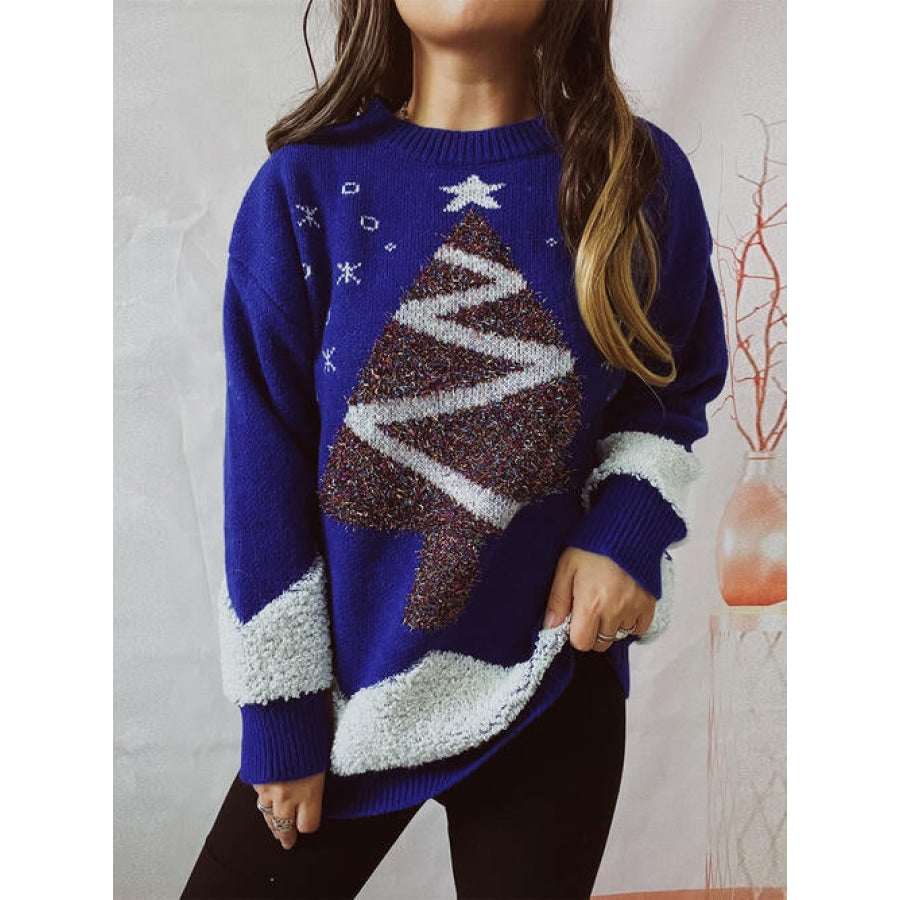 Christmas Tree Graphic Dropped Shoulder Sweater Royal Blue / S Clothing