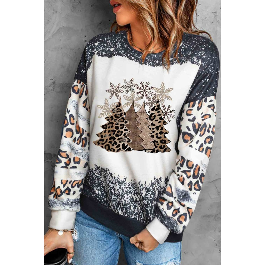 Christmas Tree Graphic Leopard Sweatshirt Black / S