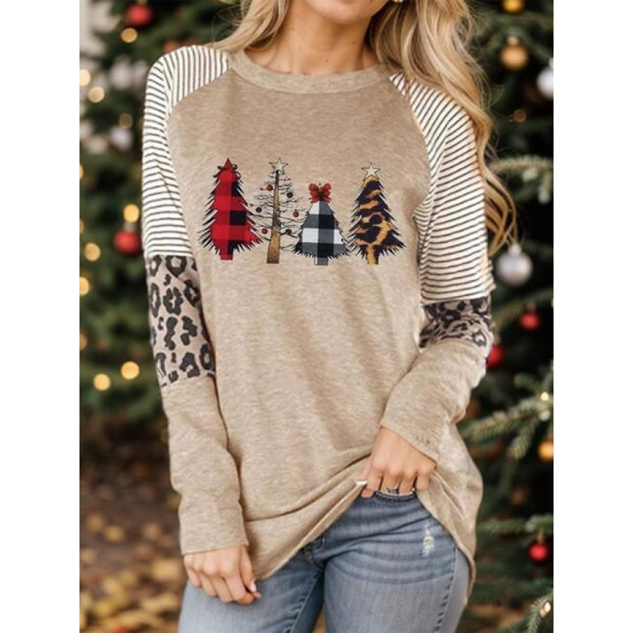 Christmas Tree Graphic Striped Long Sleeve Sweatshirt Tan / S