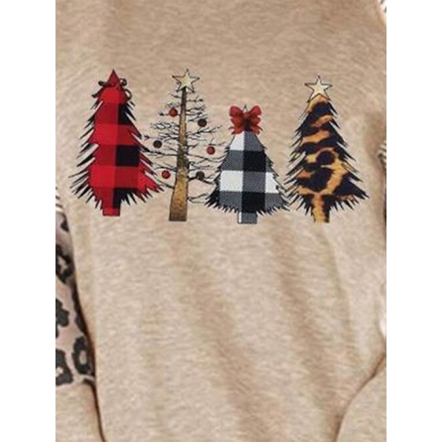 Christmas Tree Graphic Striped Long Sleeve Sweatshirt Tan / S