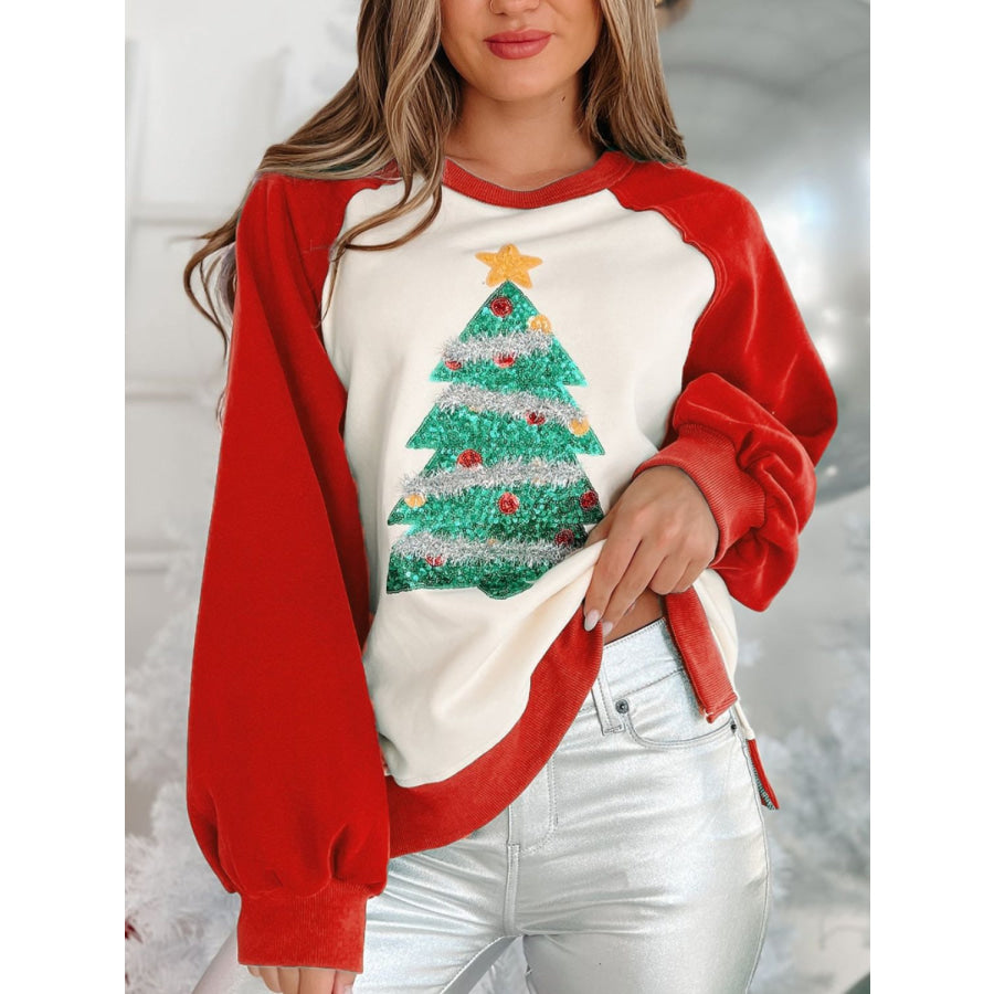 Christmas Tree Long Sleeve Sweatshirt Orange-Red / S Apparel and Accessories