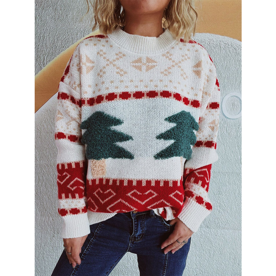 Christmas Tree Mock Neck Long Sleeve Sweater Beige / One Size Apparel and Accessories