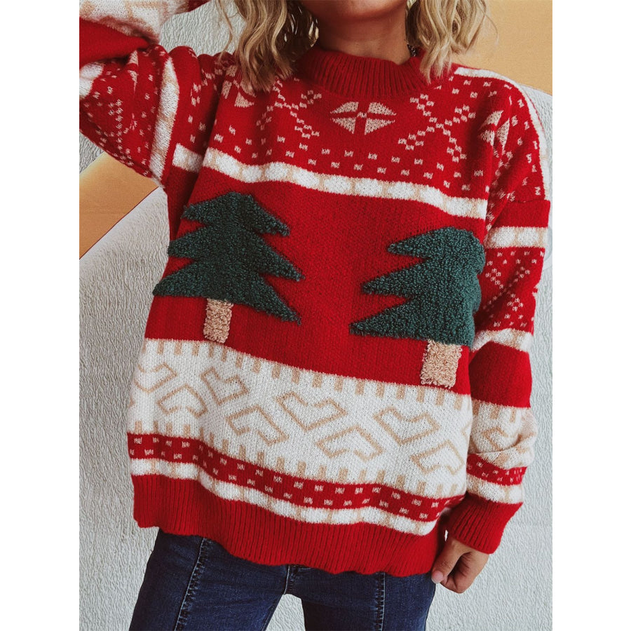 Christmas Tree Mock Neck Long Sleeve Sweater Scarlet / One Size Apparel and Accessories