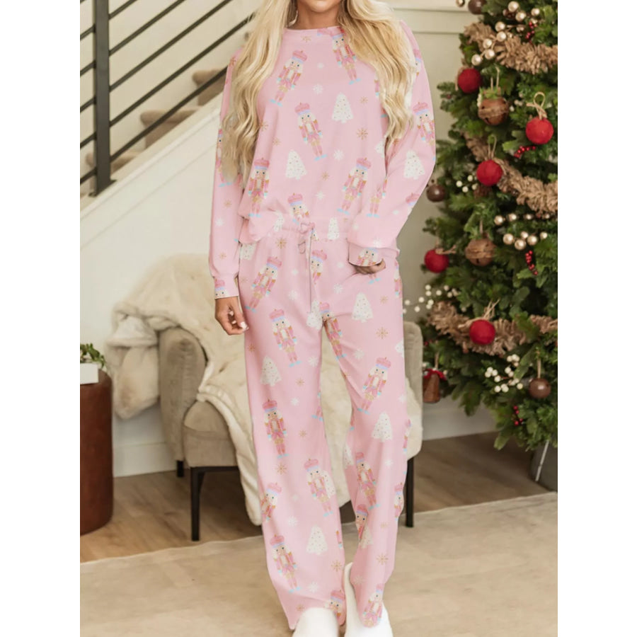 Christmas Tree Nutcracker Print Top and Pants 2pcs Lounge Set Blush Pink / S Apparel and Accessories