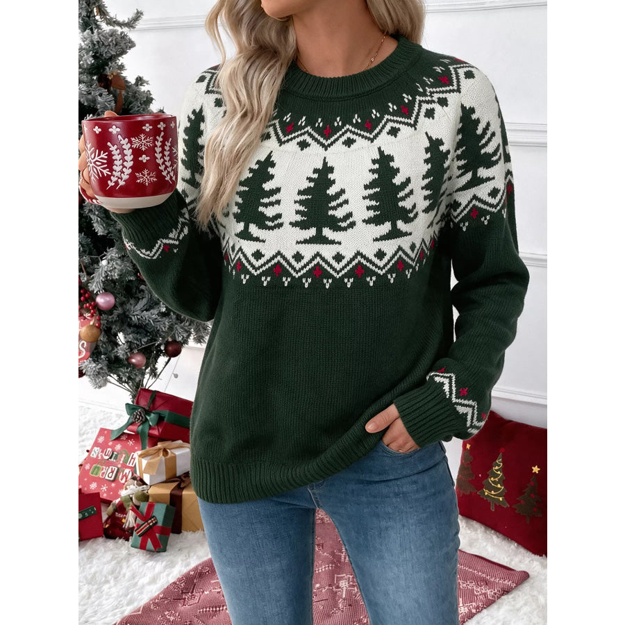 Christmas Tree Pattern Round Neck Sweater Apparel and Accessories