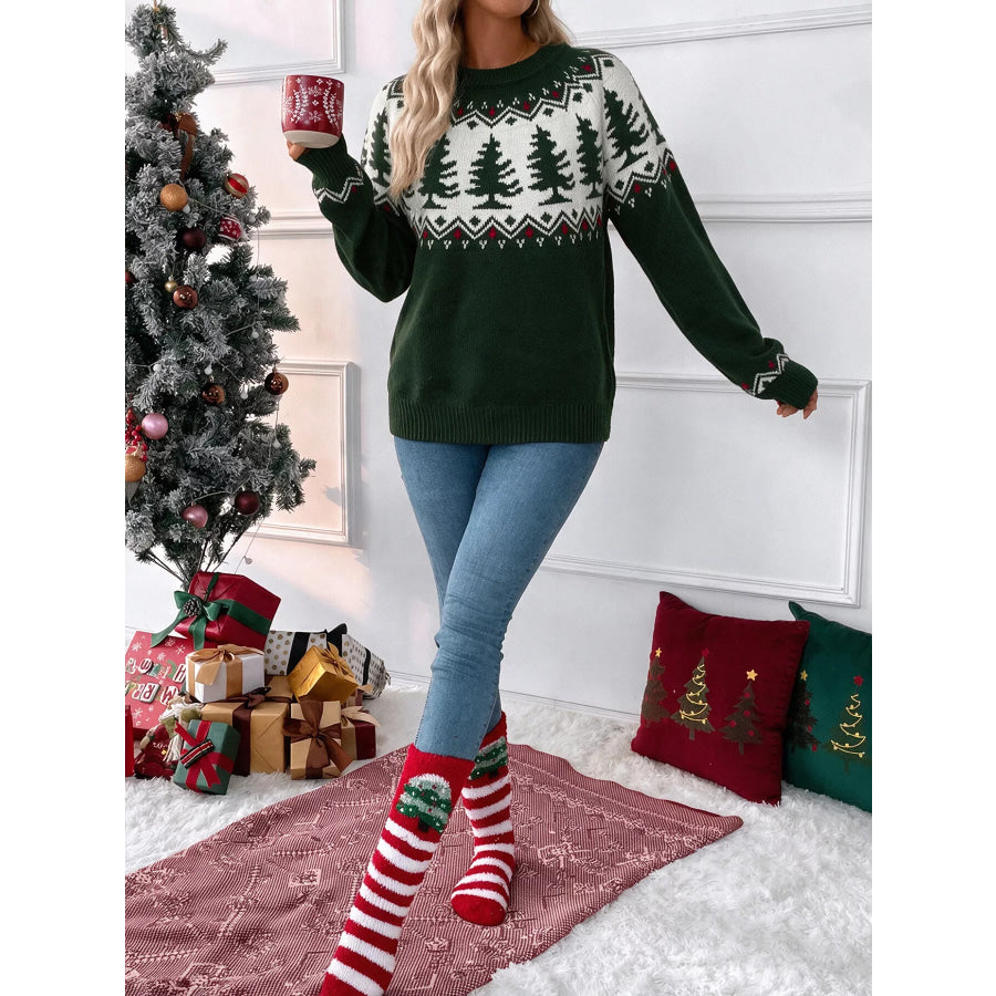 Christmas Tree Pattern Round Neck Sweater Apparel and Accessories