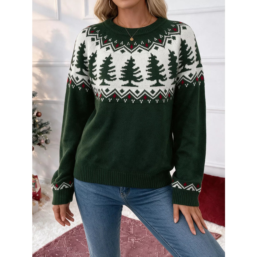 Christmas Tree Pattern Round Neck Sweater Apparel and Accessories