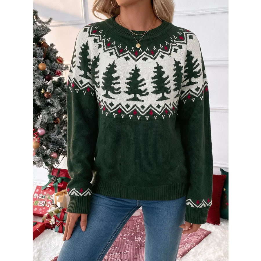 Christmas Tree Pattern Round Neck Sweater Apparel and Accessories