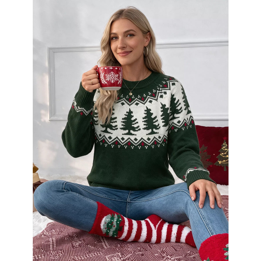 Christmas Tree Pattern Round Neck Sweater Dark Green / S Apparel and Accessories