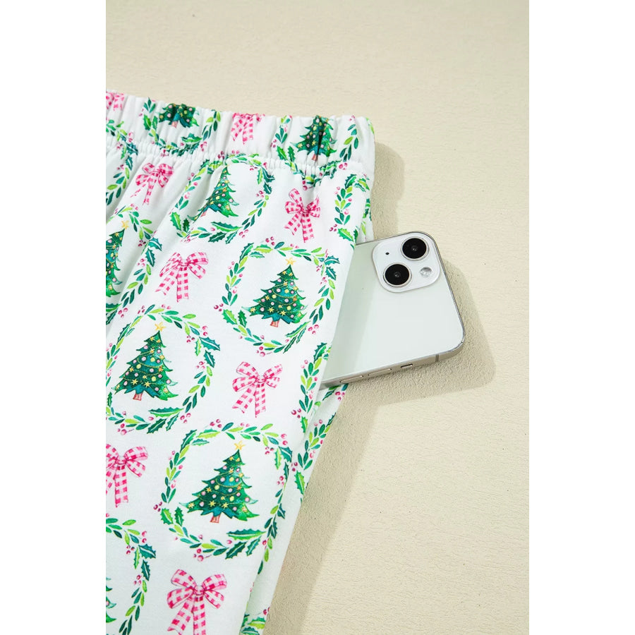 Christmas Tree Print Contrast Striped Banding 2pcs Lounge Set Apparel and Accessories