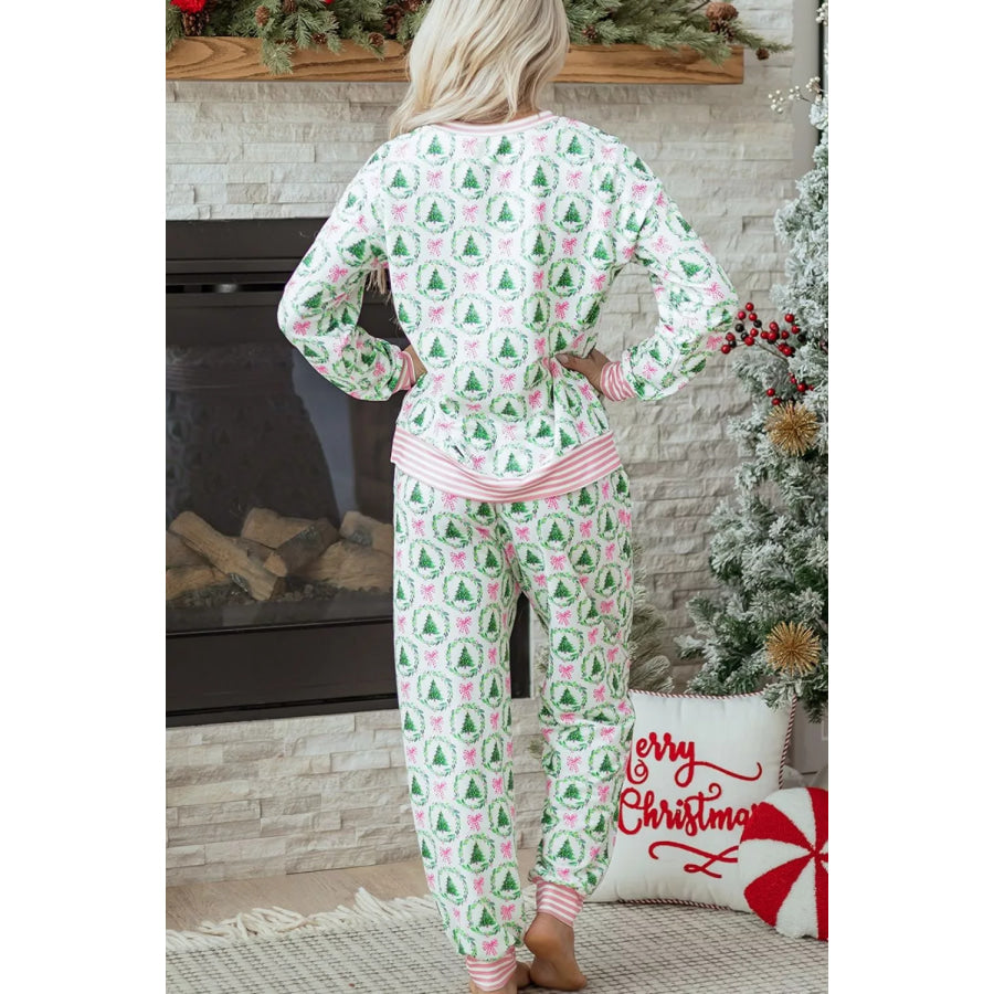 Christmas Tree Print Contrast Striped Banding 2pcs Lounge Set Apparel and Accessories
