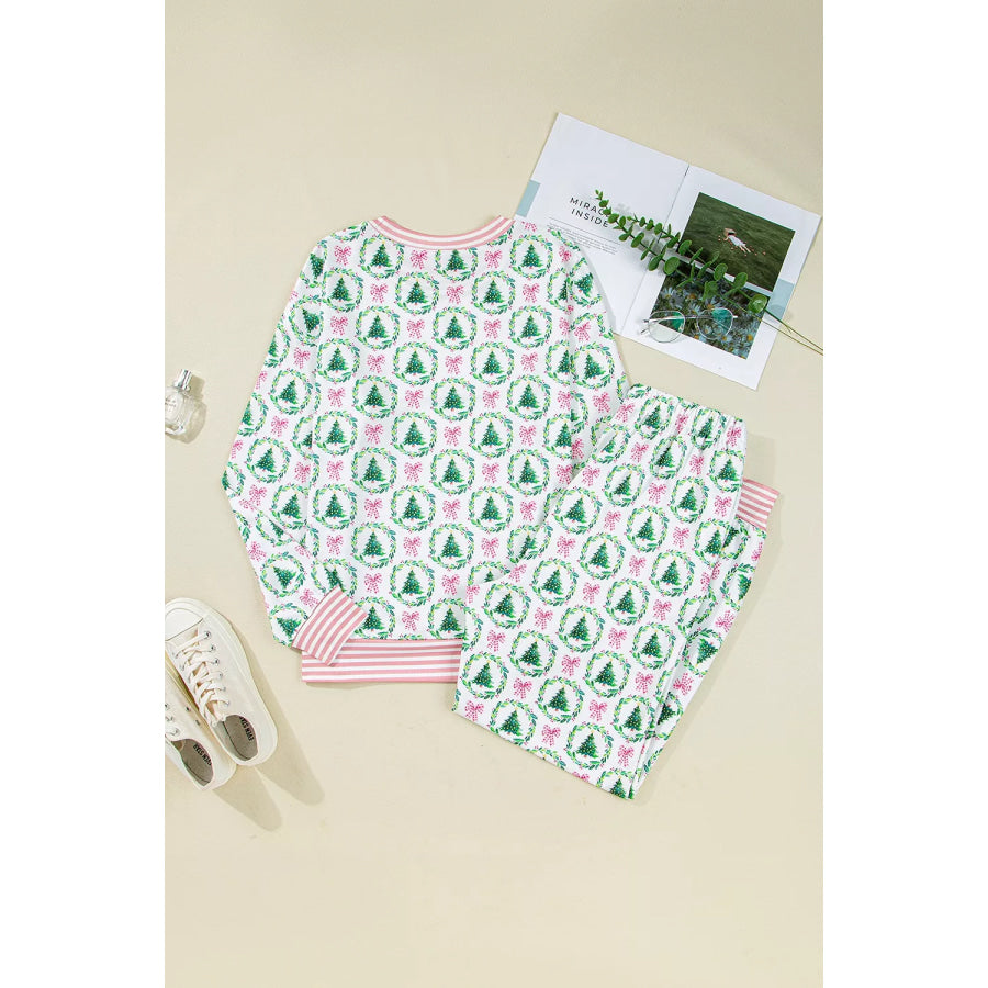Christmas Tree Print Contrast Striped Banding 2pcs Lounge Set Apparel and Accessories