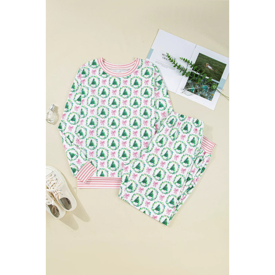Christmas Tree Print Contrast Striped Banding 2pcs Lounge Set Apparel and Accessories