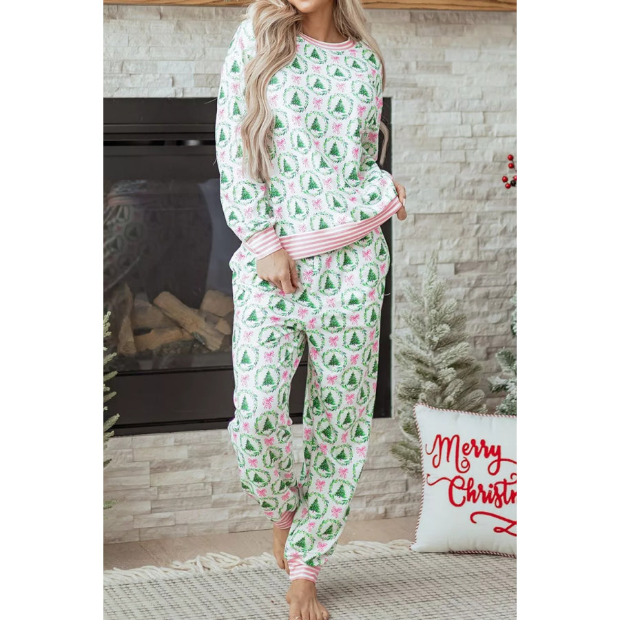 Christmas Tree Print Contrast Striped Banding 2pcs Lounge Set Apparel and Accessories