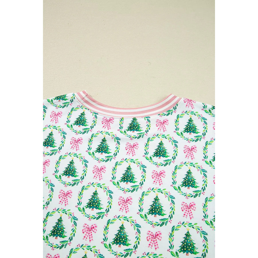 Christmas Tree Print Contrast Striped Banding 2pcs Lounge Set Apparel and Accessories