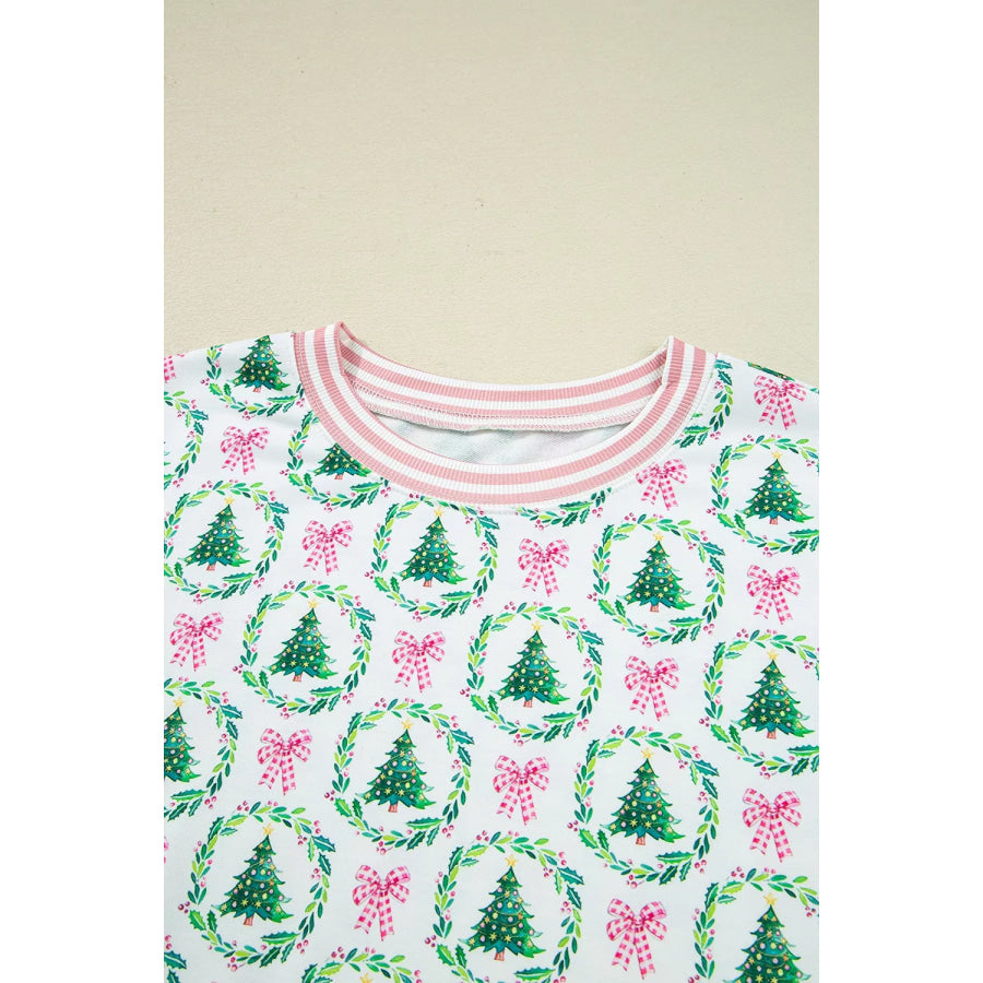 Christmas Tree Print Contrast Striped Banding 2pcs Lounge Set Apparel and Accessories
