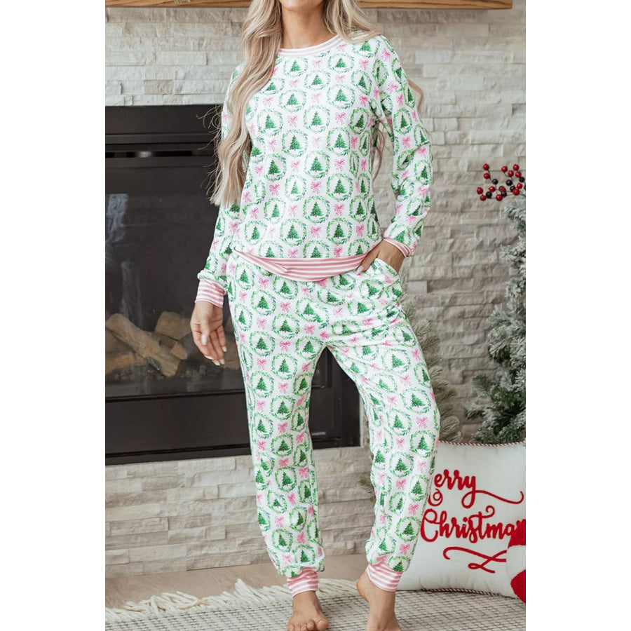 Christmas Tree Print Contrast Striped Banding 2pcs Lounge Set Apparel and Accessories