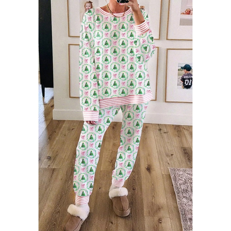 Christmas Tree Print Contrast Striped Banding 2pcs Lounge Set Apparel and Accessories