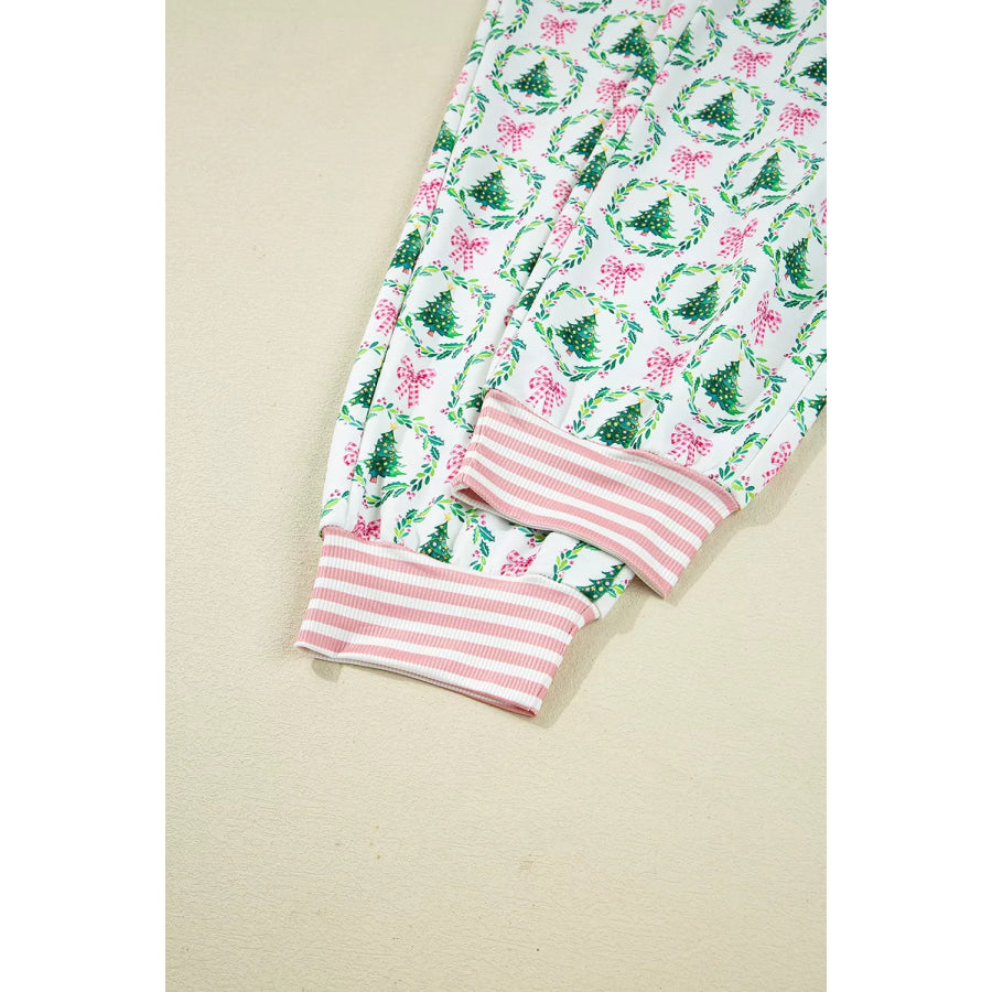 Christmas Tree Print Contrast Striped Banding 2pcs Lounge Set Apparel and Accessories