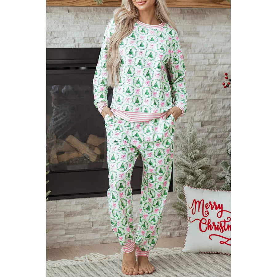 Christmas Tree Print Contrast Striped Banding 2pcs Lounge Set Apparel and Accessories