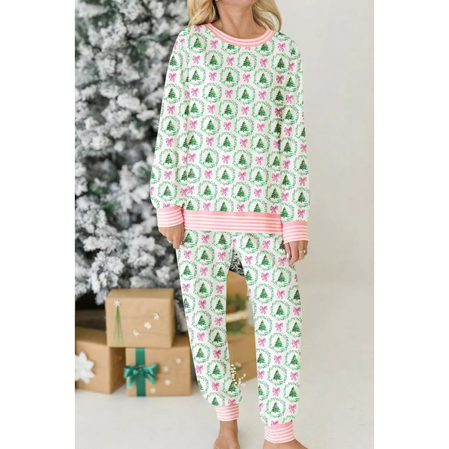 Christmas Tree Print Contrast Striped Banding 2pcs Lounge Set Sage / S Apparel and Accessories