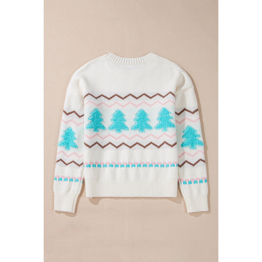 Christmas Tree Ribbed Hem Dropped Shoulder Sweater Apparel and Accessories