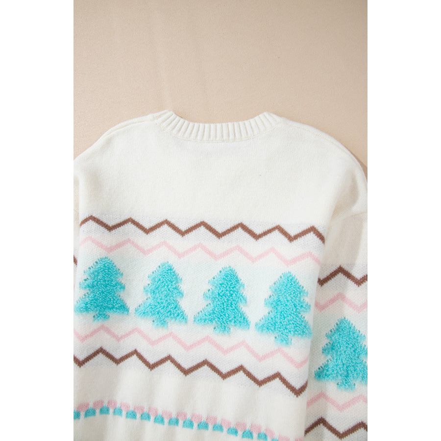 Christmas Tree Ribbed Hem Dropped Shoulder Sweater Apparel and Accessories