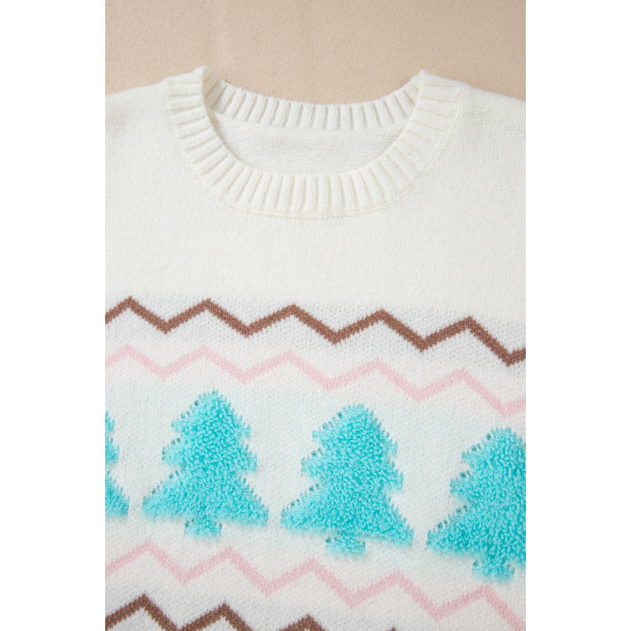 Christmas Tree Ribbed Hem Dropped Shoulder Sweater Apparel and Accessories