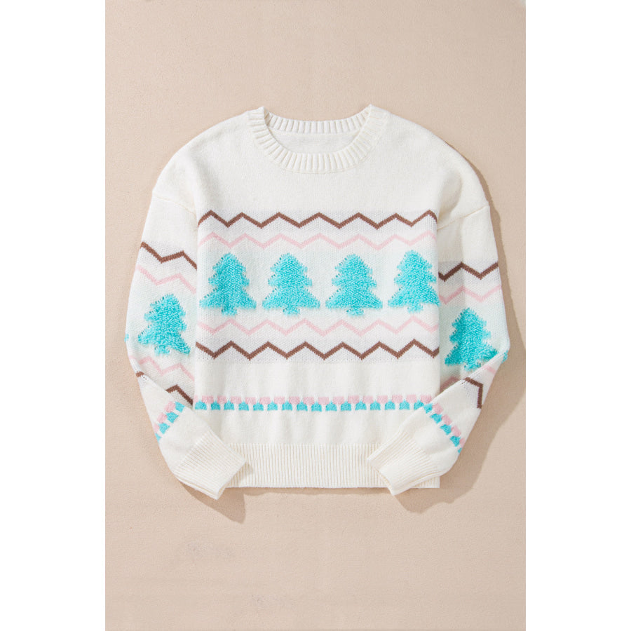 Christmas Tree Ribbed Hem Dropped Shoulder Sweater Apparel and Accessories